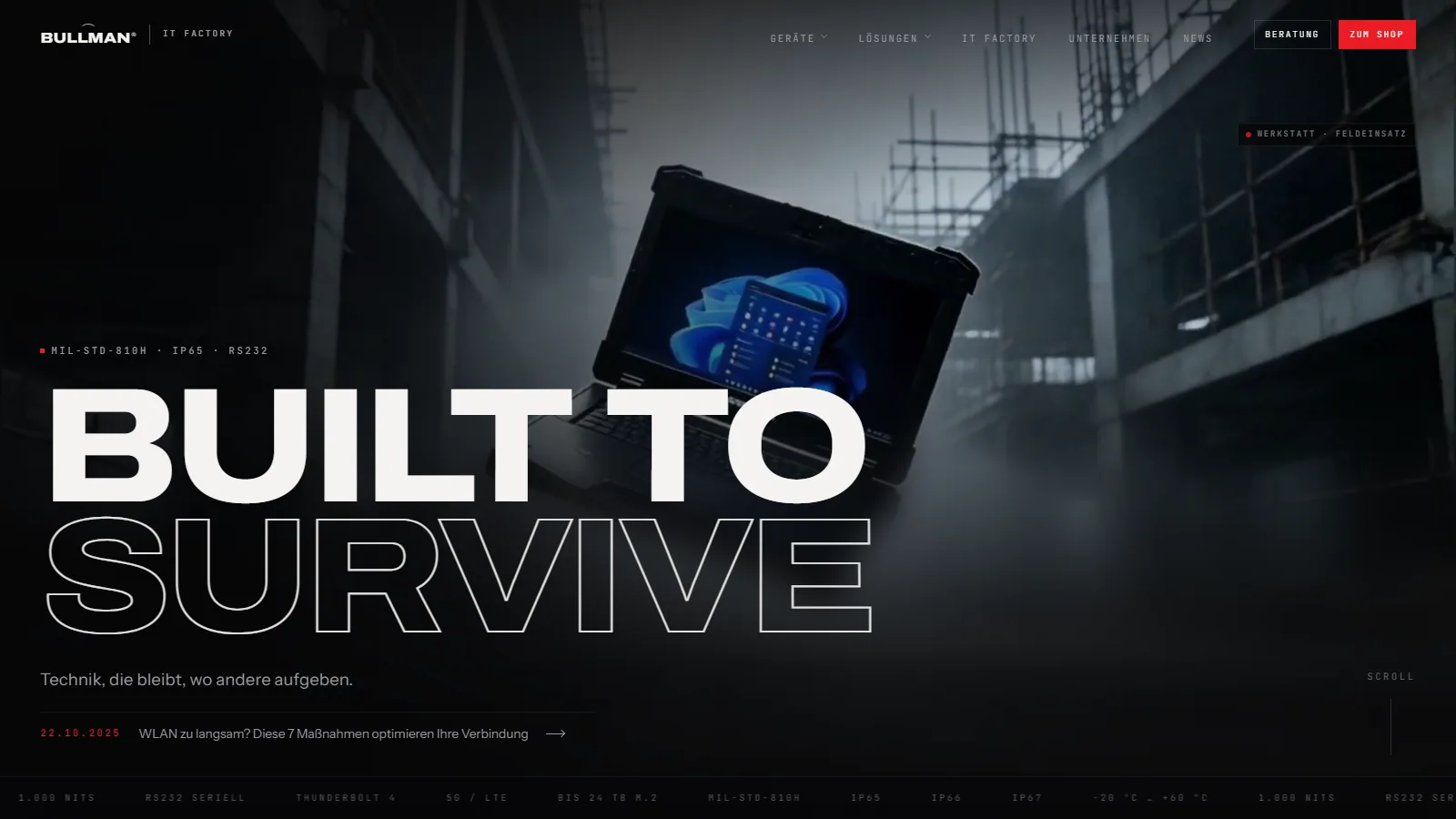 Sito web BULLMAN, notebook e tablet rugged professionali, restyling con animazioni cinematiche — progetto Aura Web Studio