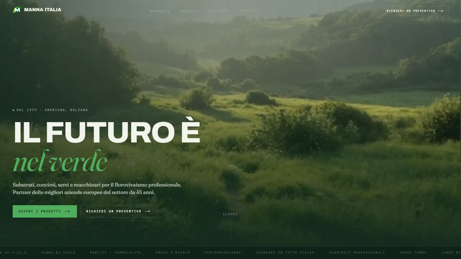 Sito web Manna Italia, azienda di concimi e substrati per florovivaismo professionale ad Andriano — progetto Aura Web Studio