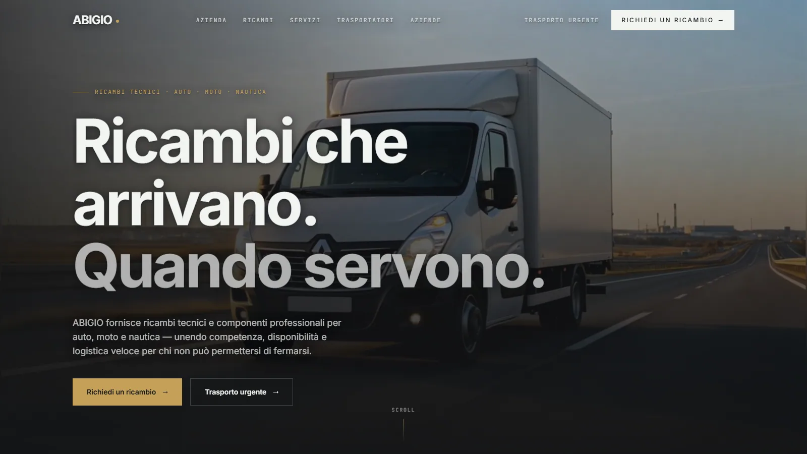 Sito web ABIGIO, ricambi auto moto e nautica con catalogo multipagina — progetto Aura Web Studio