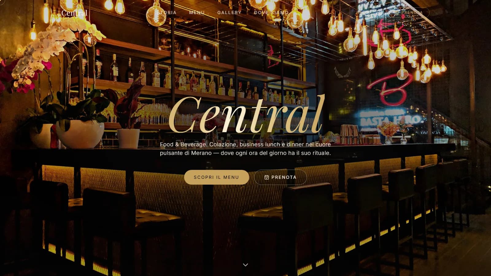Sito web Central, bar e ristorante Food & Beverage nel centro di Merano — progetto Aura Web Studio