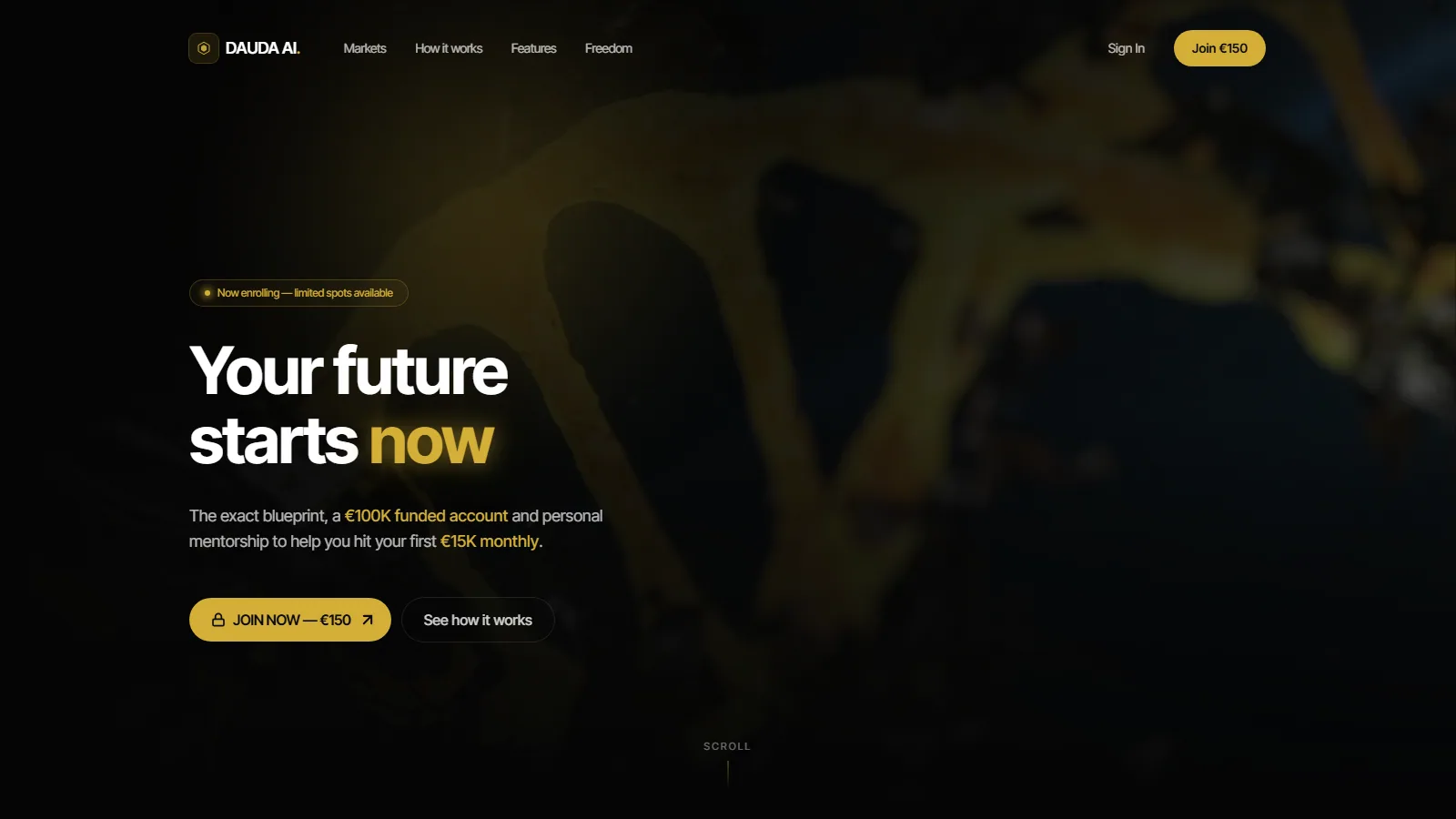 Landing page DAUDA AI per bot di trading Forex e Crypto in stile nero e oro — progetto Aura Web Studio