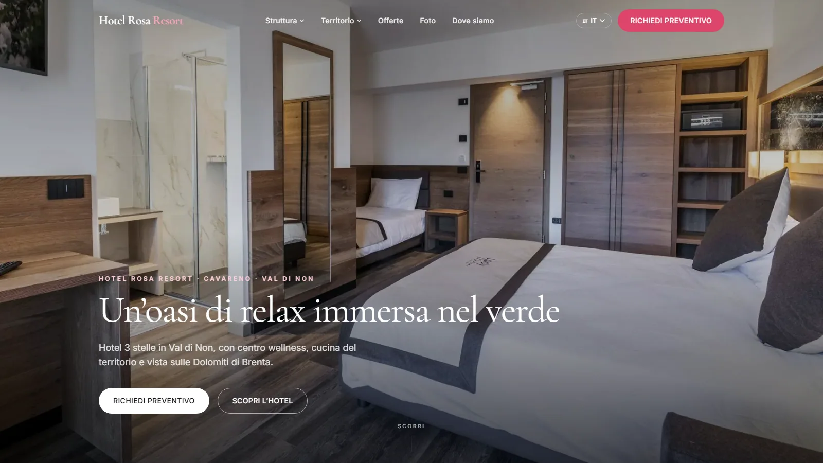 Sito web Hotel Rosa Resort in Val di Non con centro wellness e vista sulle Dolomiti di Brenta — progetto Aura Web Studio