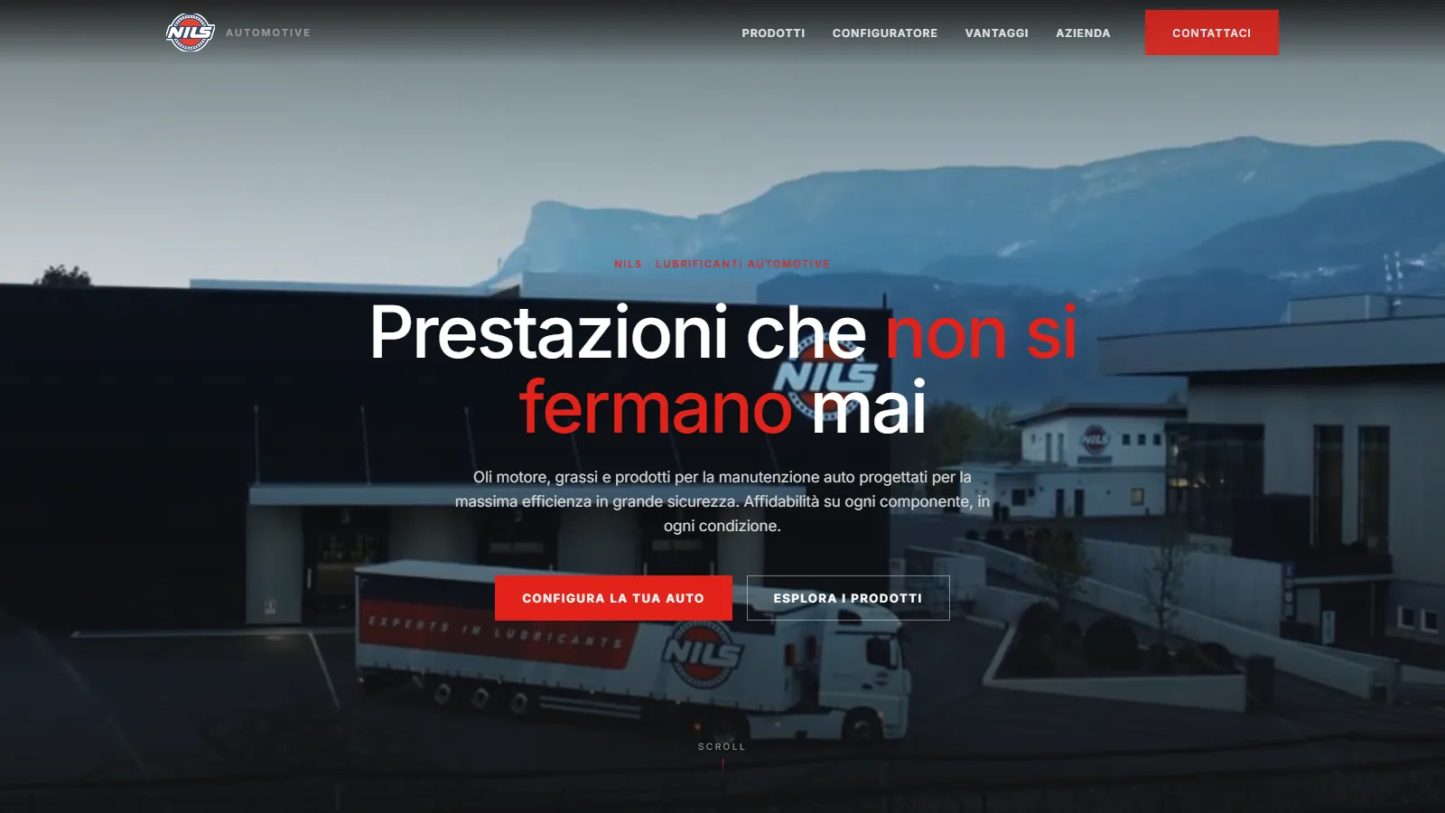Sito web NILS Automotive, lubrificanti auto con configuratore 3D in stile Ferrari — progetto Aura Web Studio