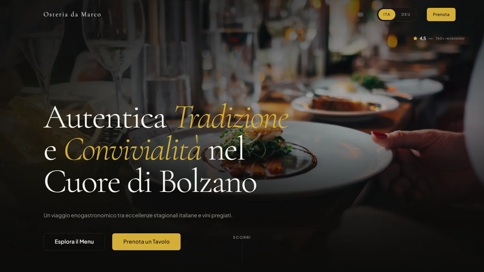 Sito web Osteria da Marco, cucina tipica nel centro di Bolzano — progetto Aura Web Studio