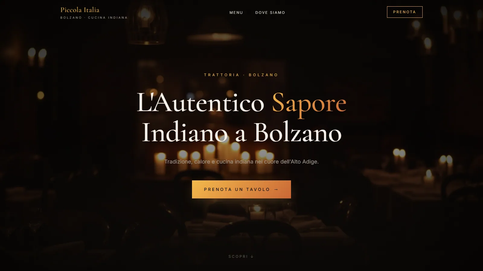Sito web ristorante fusion italo-indiano Piccola Italia a Bolzano — progetto Aura Web Studio