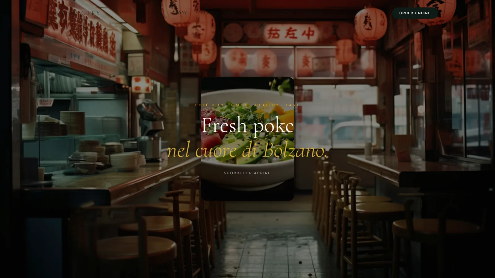 Sito web Poké City, poke bowls a Bolzano con menù configurabile — progetto Aura Web Studio