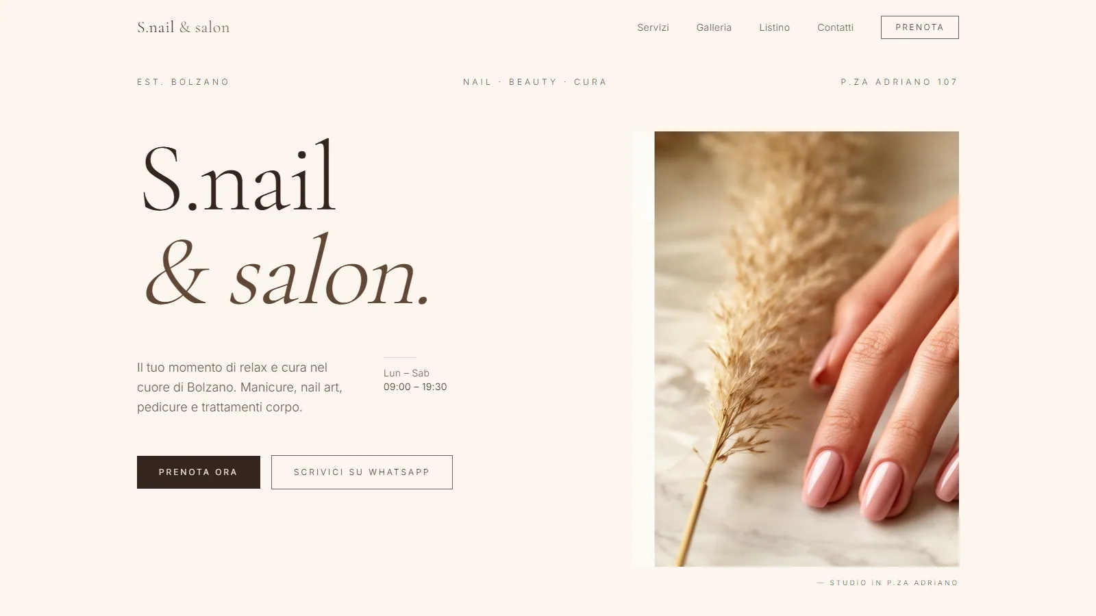 Sito web S. Nails & Salon, centro beauty e nail care a Bolzano — progetto Aura Web Studio