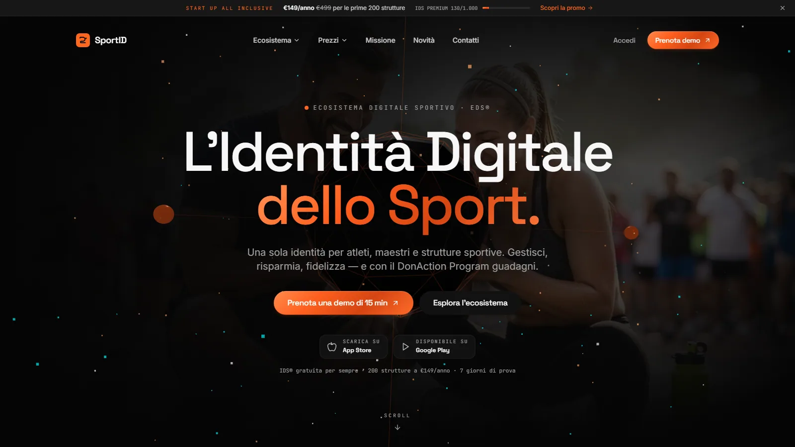 Sito web SportID, ecosistema digitale sportivo con prenotazioni e hero 3D — progetto Aura Web Studio
